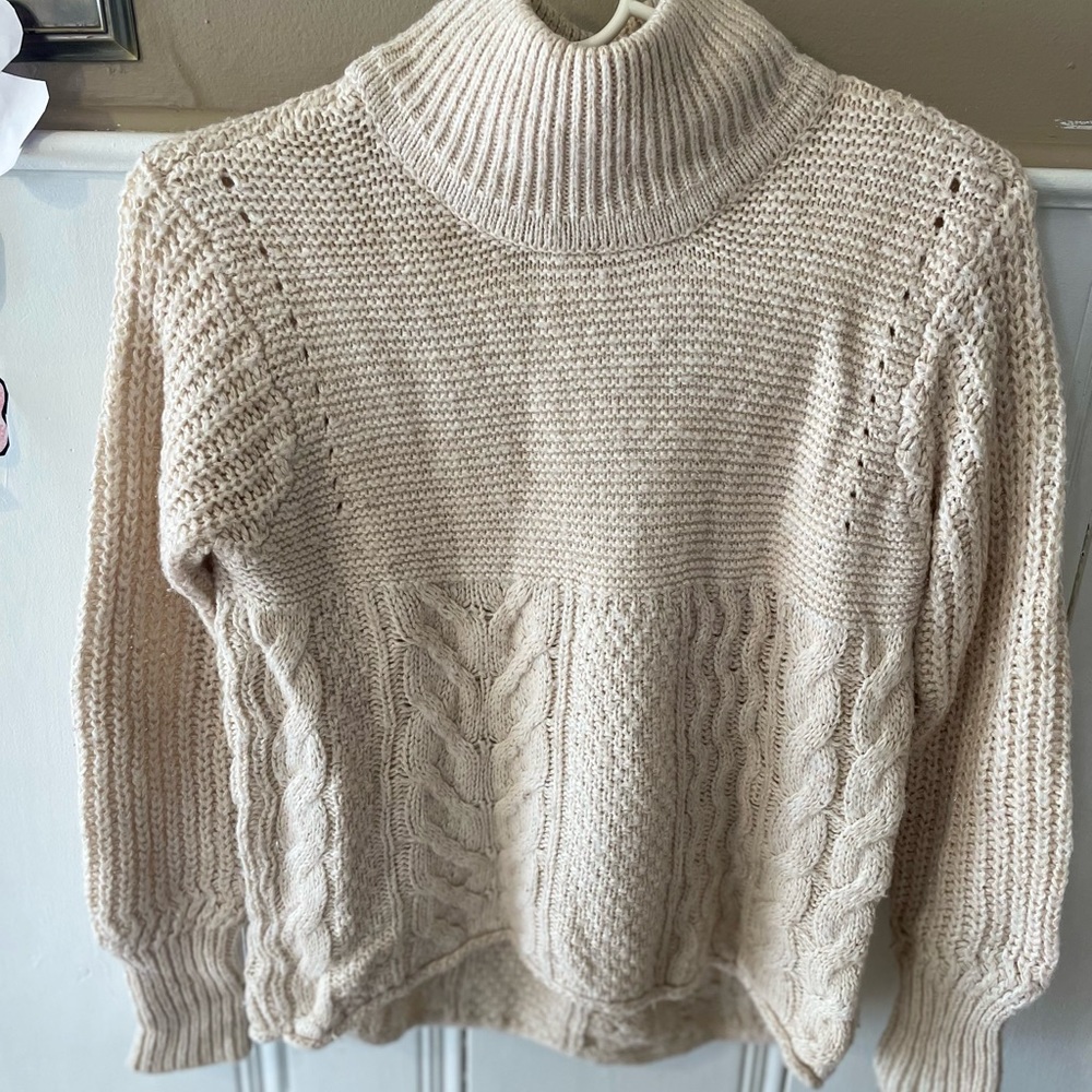 High Neck Knit Sweater. In Petite Small size and color Beige.